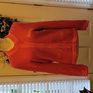 Lea & Nicole pink bubble knit cardigan Large snap closure long slv fringe M EUC…